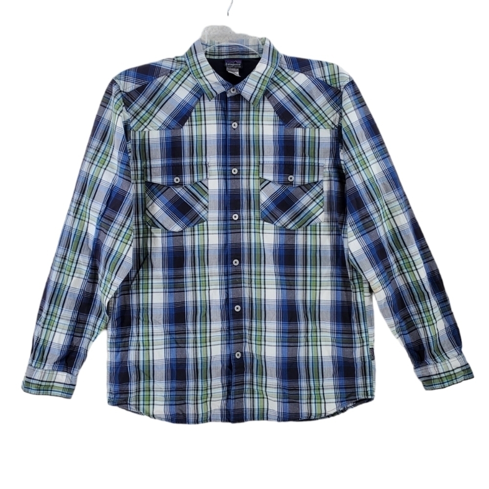 Patagonia Shirt Plaid Organic Cotton Green Blue White Button Up Mens M - Picture 12 of 13